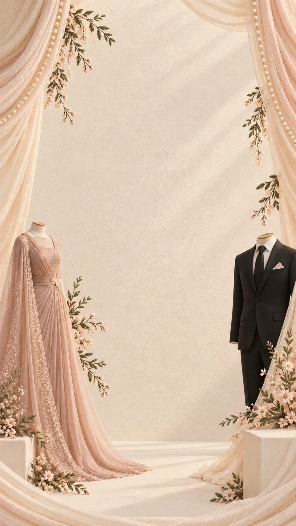 Embroidered tapestry of a dusty-pink formal gown and a charcoal suit